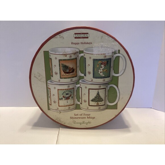 the Sakura table happy holidays set of 4 stoneware mugs gracey knight - Picture 1 of 12